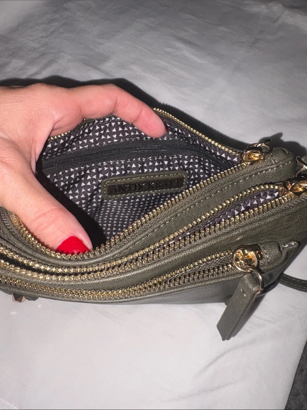 Antik Kraft Dark Green Crossbody with Front Zip and Stud Accents
